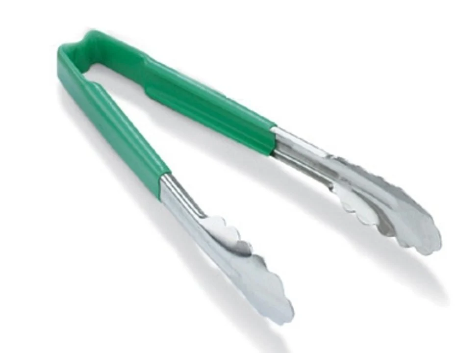 Vollrath 4781270 Jacob's Pride 1-Piece Stainless Steel Scalloped Utility Tongs with Color-Coded Kool-Touch Handle 12" - Green - Image 2