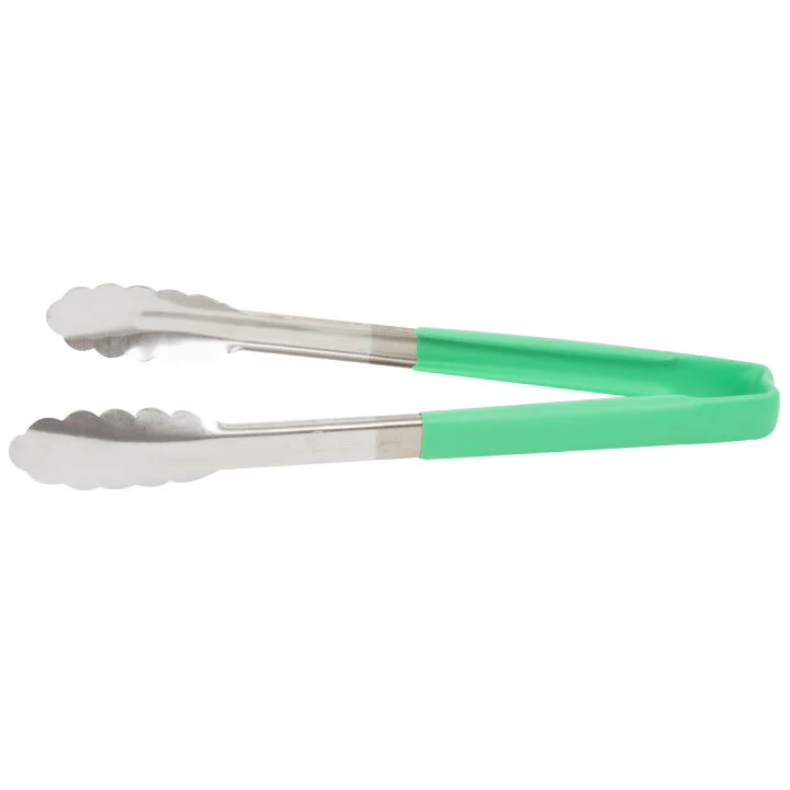 Vollrath 4781270 Jacob's Pride 1-Piece Stainless Steel Scalloped Utility Tongs with Color-Coded Kool-Touch Handle 12" - Green - Image 3