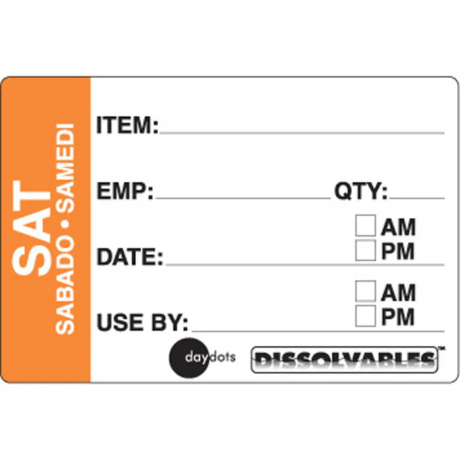 Ecolab Daydots 10206-06-31 Dissolvable Prep Labels, Saturday (E/S/F) 2" x 3" - Orange / White - Roll of 250