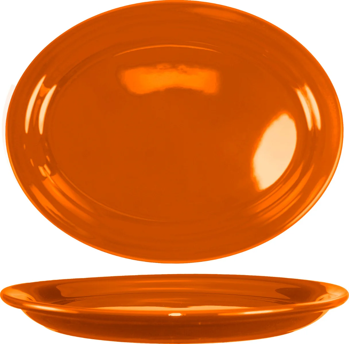 International Tableware CAN-12-O Cancun Orange Rolled Edge Narrow Rim Oval China Platter 9-3/4" x 7" - 24/cs