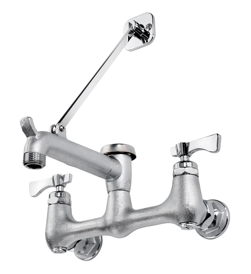 Krowne 16-127 Royal Series Wall Mount Service Sink Faucet with 8" Centers, 6-1/2" Cast Spout with Pail Hook & Hose Thread, Wall Brace, Vacuum Breaker, and Lever Handles - Image 2