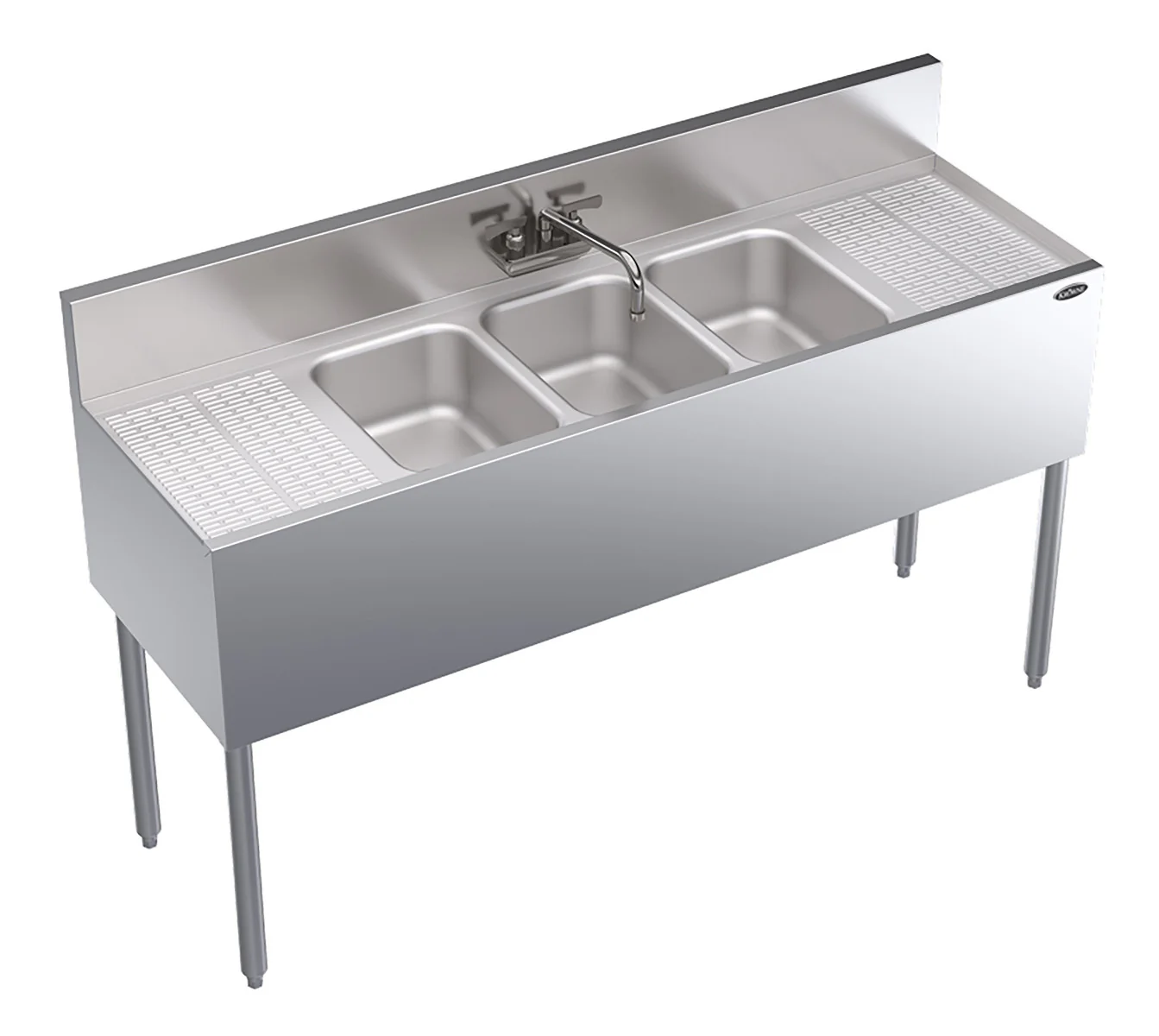 Krowne KR19-53C Royal Series Underbar 3-Compartment Stainless Steel Bar Sink with Faucet 60"W x 19"D - 2 Drainboards L/R 12"