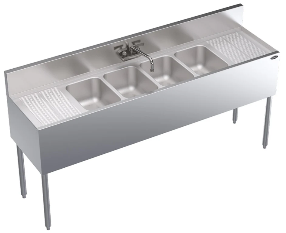 Krowne KR19-64C Royal Series Underbar 4-Compartment Stainless Steel Bar Sink with Faucet 72"W x 19"D - 2 Drainboards L/R 12"