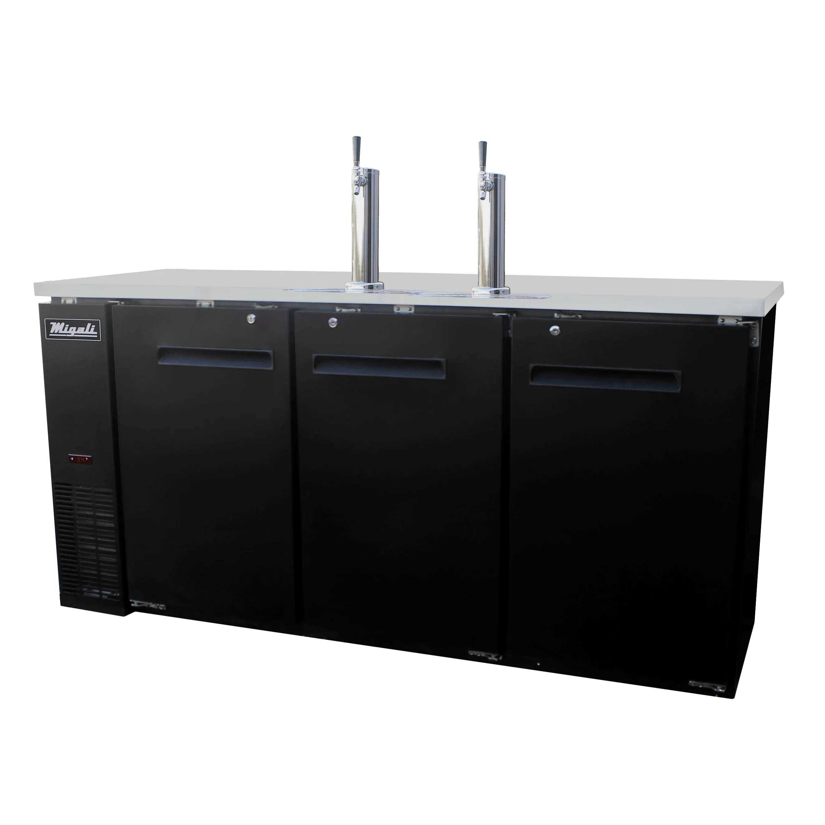 Migali C-DD72-3-HC Competitor Series Black 3 Solid Door 2 Single Tap Direct Draw Beer Cooler 72" - (3) 1/2 Keg Capacity