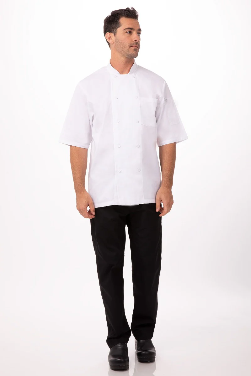 Chef Works JLCVWHTS Unisex Montreal Cool Vent Short Sleeve Double-Breasted Chef Coat with Cloth Covered Buttons - White / Small - Image 3