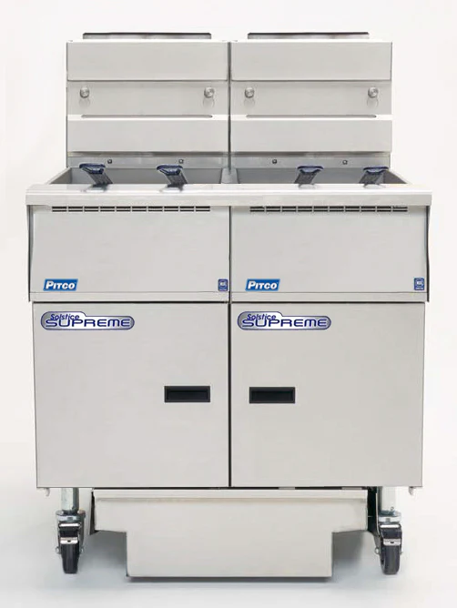 Pitco SSH55-2FD-SSTC Solstice Supreme High Efficiency 2 Bank Natural Gas Floor Fryer w/ Solid State Controls and Filter Drawer 80-100 lbs./cap. - 320,000 BTU