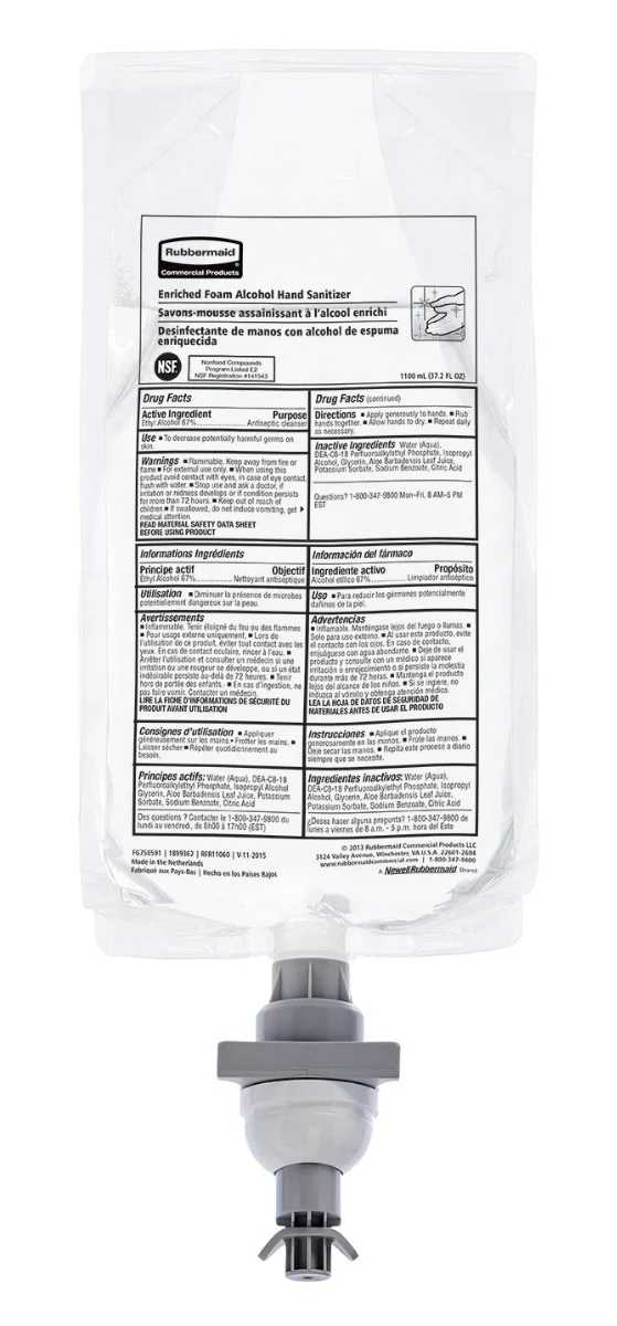 Rubbermaid 2080802 AutoFoam Enriched Foam Alcohol Hand Sanitizer Refill for AutoFoam Dispensers 1000 ml - Dye and Fragrance Free