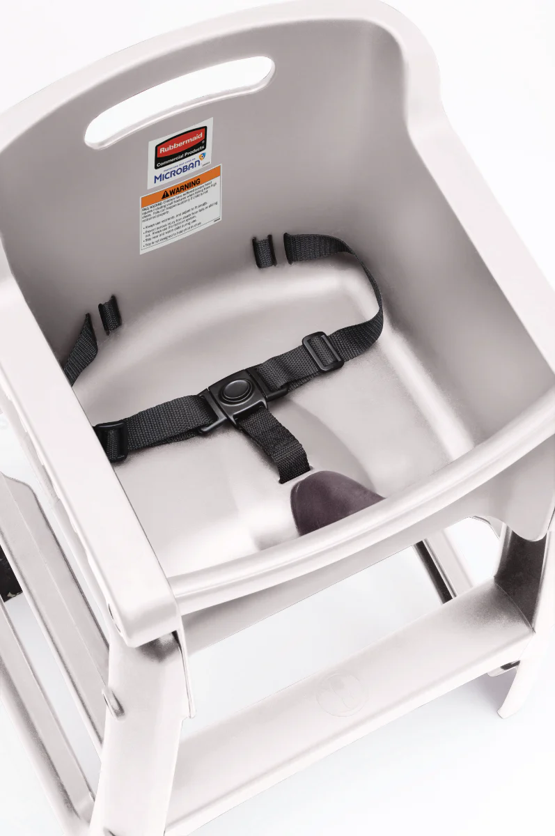 Rubbermaid FG780608PLAT Sturdy Chair Stackable Plastic High Chair / Youth Seat with Waist Strap & w/o Wheels - Platinum - Assembled - Image 5