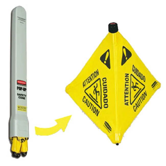 Rubbermaid FG9S0100YEL Multi-Lingual "Caution" Wet Floor Pop-Up Floor Cone Safety Sign with Wall-Mounted Case 30" - Yellow - Image 2