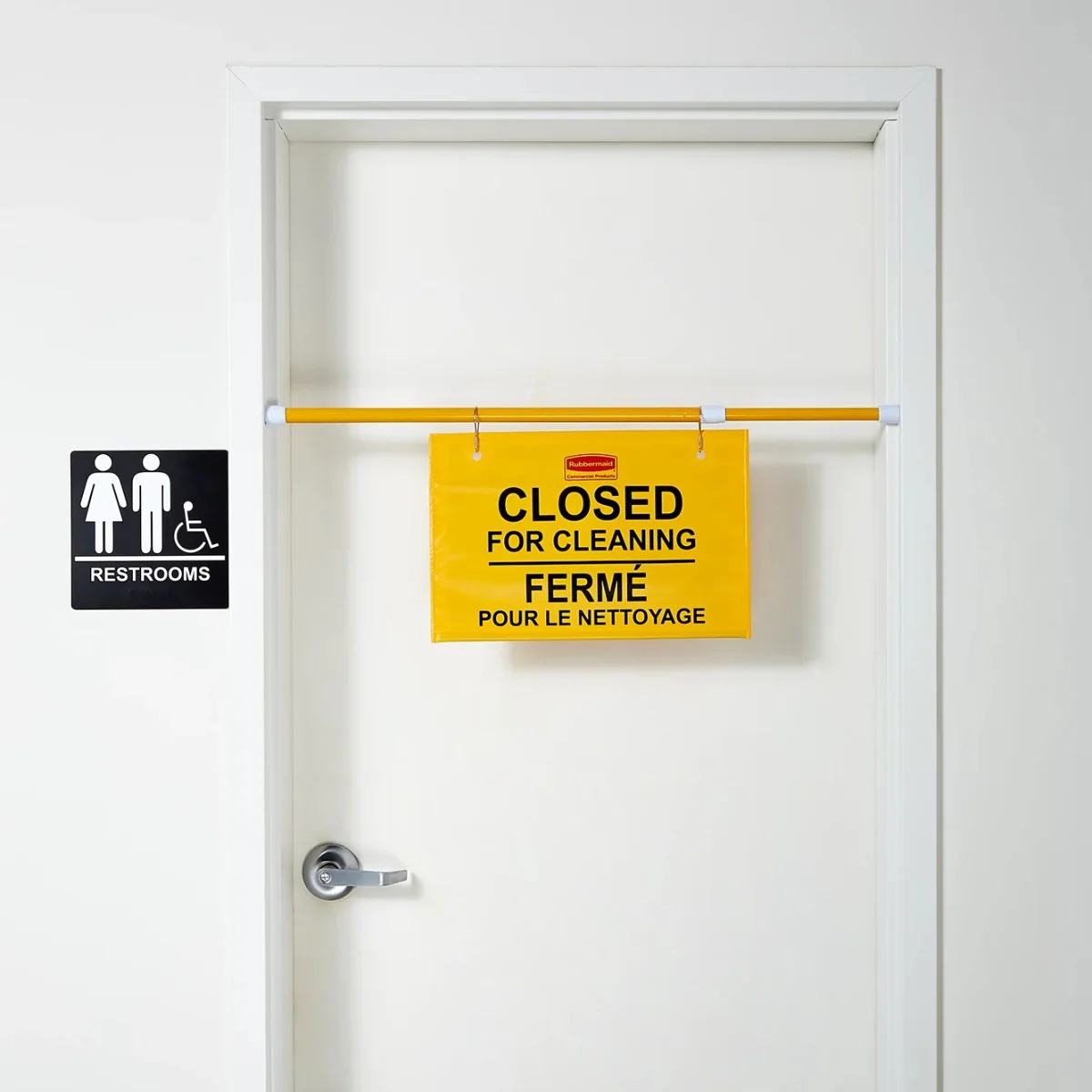 Rubbermaid FG9S1600YEL Multi-Lingual "Closed For Cleaning" Hanging Doorway Safety Sign 44"W x 13"H - Yellow - Image 2