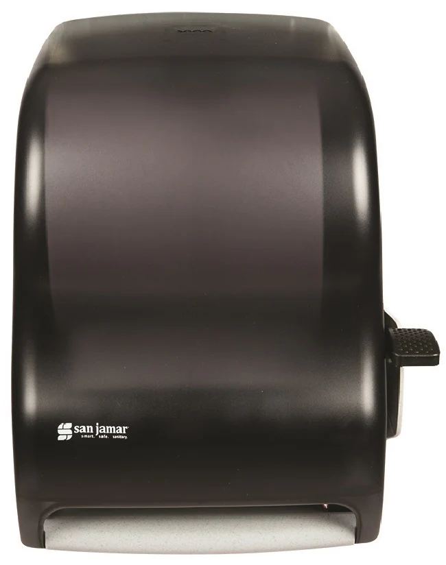 San Jamar T1100TBK Classic Wall Mount Paper Towel Dispenser with Lever Handle - Translucent Pearl Black - Holds (1) 8"W x 8"Dia. Roll - Image 2