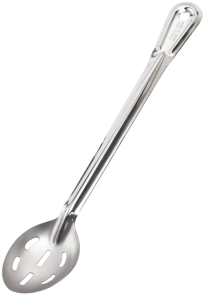 Browne 2774 Conventional Heavy Gauge Stainless Steel Slotted Serving Spoon with Reinforced Grooved Handle 15"