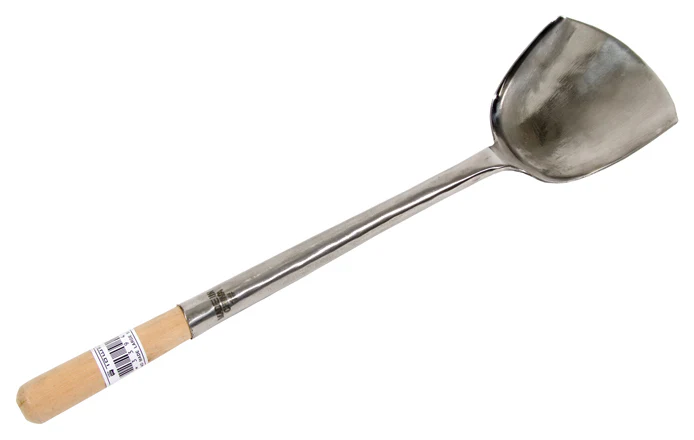 Town 33942 Medium Hand Hammered Stainless Steel Wok Shovel / Spatula 4" x 4-1/2" with 16" Wood Handle - Image 2