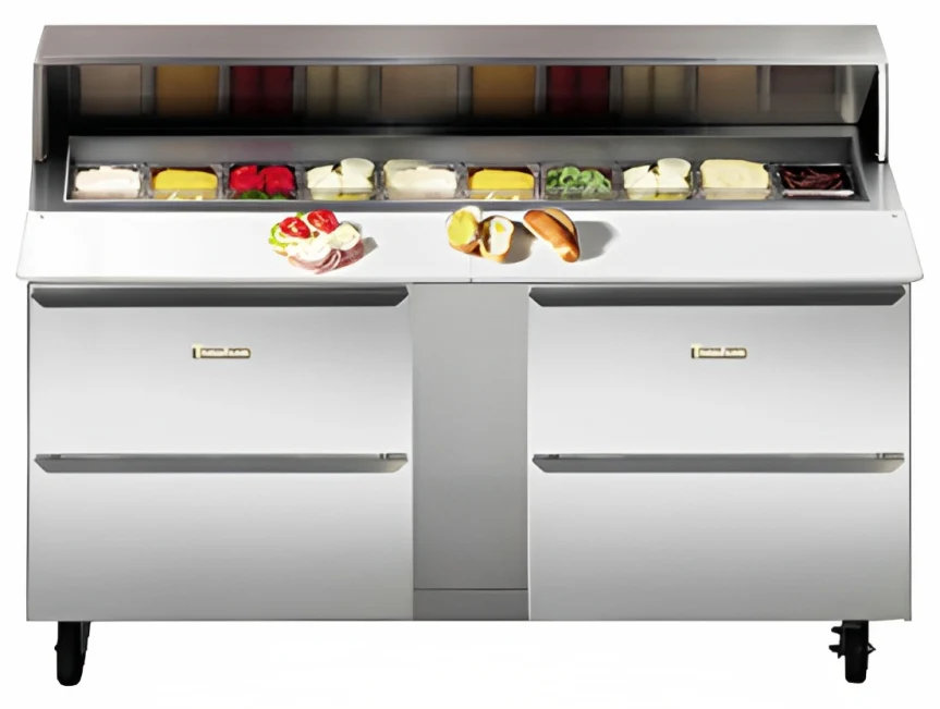 Traulsen UPT7230-LL-SB 2-Section 2 Left/Left Hinged Door Refrigerated Salad/Sandwich Prep Table with Roll-Top Lid & Stainless Steel Back 72" - Holds (30) 1/6 Size Pans - 24.5 cu. ft. - 115v