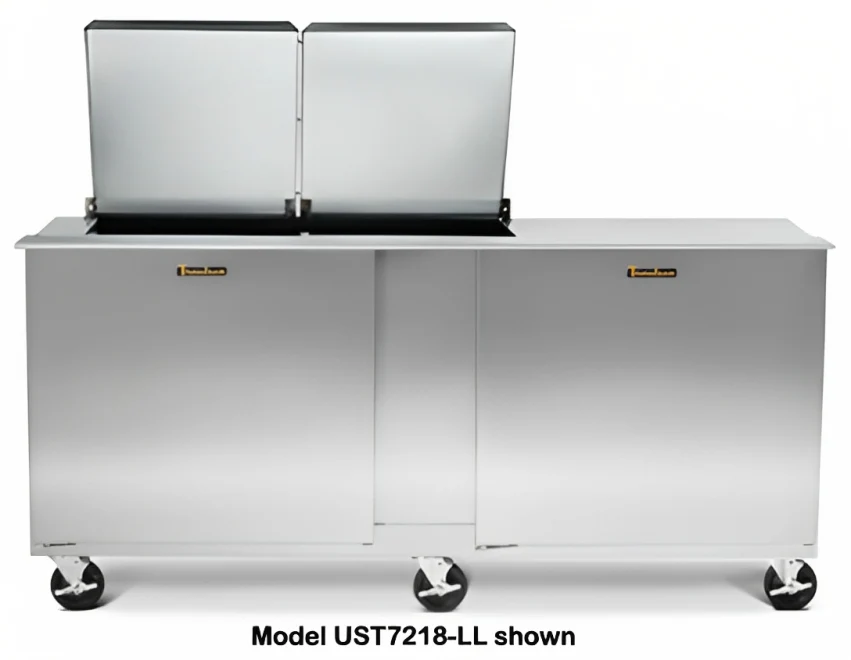 Traulsen UST7212-RR-SB 2-Section Right/Right Hinged 2 Door Refrigerated Salad/Sandwich Prep Table with Low Profile Flat Lid & Stainless Steel Back 72" - Holds (12) 1/6 Size Pans - 20 cu. ft. - 115v - Image 6