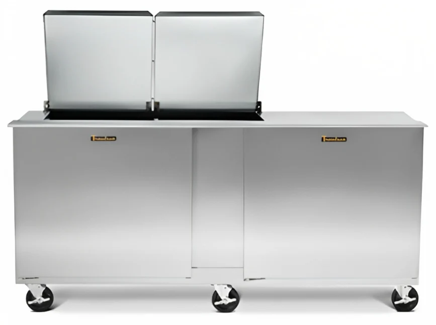 Traulsen UST7218-LL-SB 2-Section Left/Left Hinged 2 Door Refrigerated Salad/Sandwich Prep Table with Low Profile Flat Lid & Stainless Steel Back 72" - Holds (18) 1/6 Size Pans - 20 cu. ft. - 115v