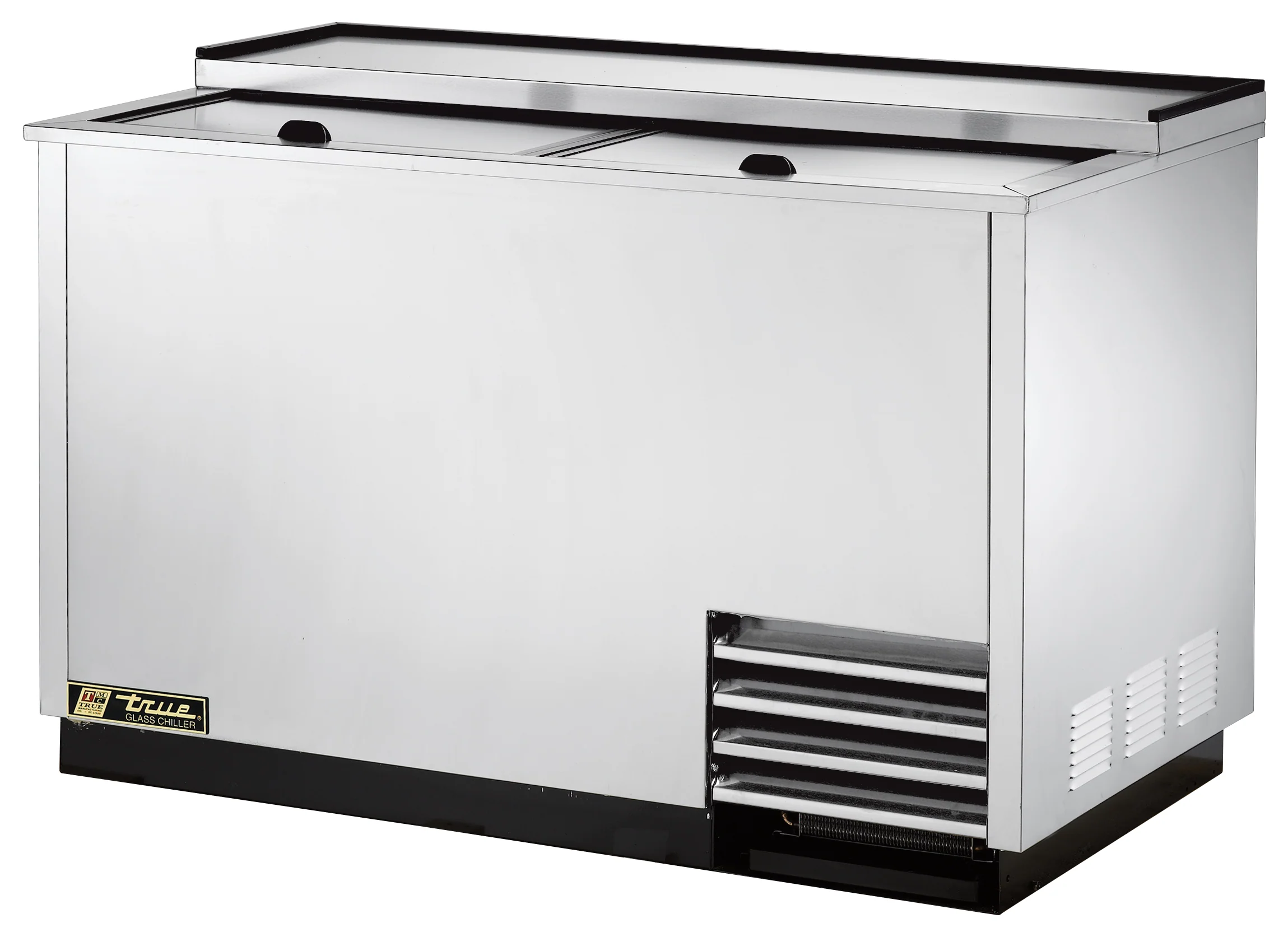 True T-50-GC-S-HC Stainless Steel 2-Section 2 Solid Slide Lid Glass and Plate Chiller/Froster 50" - Holds (250) 8" Mugs or (240) 10 oz. Steins  - 115v