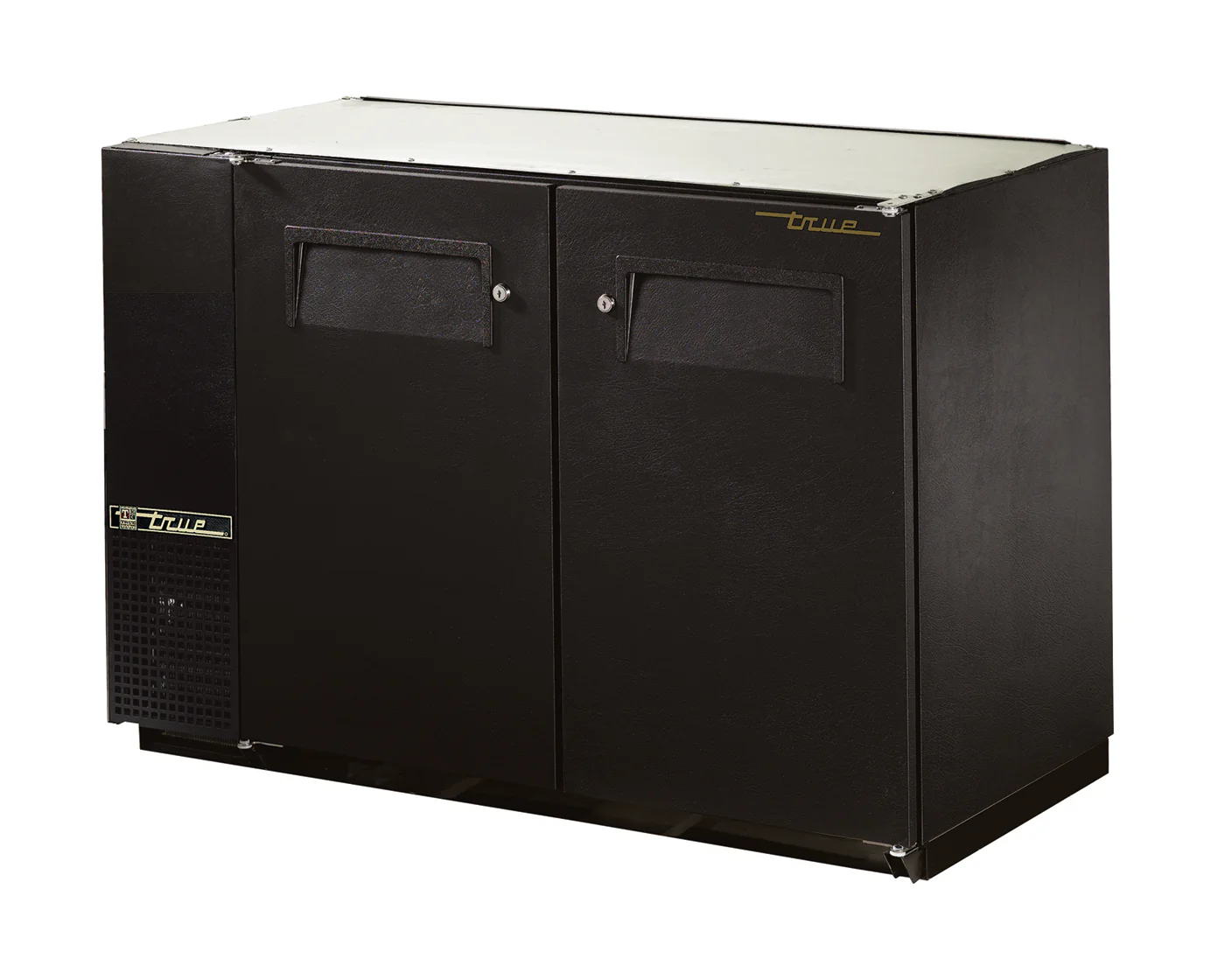 True TBB-24GAL-48-HC Black 2 Solid Swing Door 24" Deep Back Bar Refrigerator with Galvanized Top 48" - Holds (48) 6-Packs or (2) Half Barrels - 115v