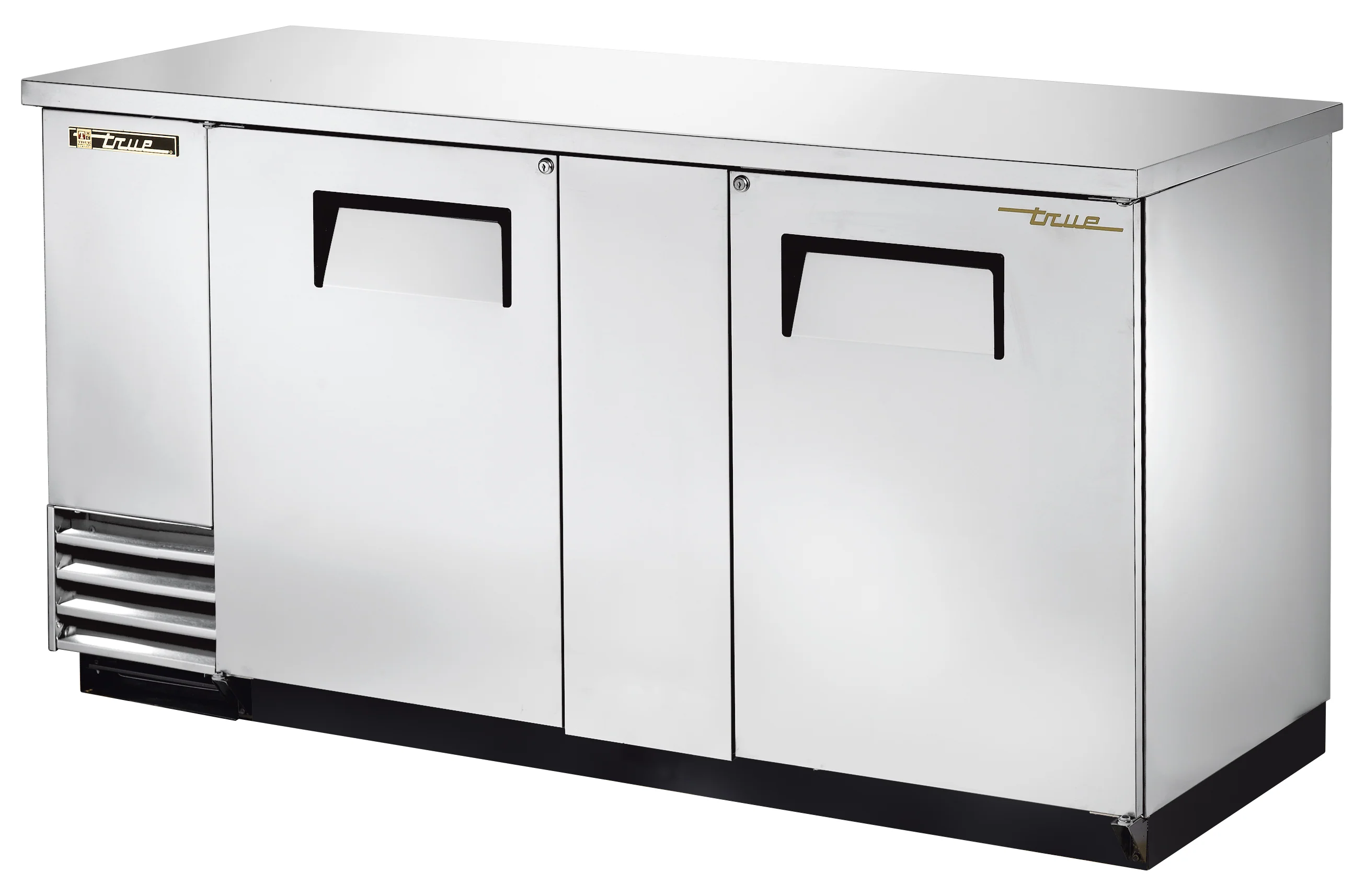True TBB-3-S-HC Stainless Steel 2 Solid Swing Door Back Bar Refrigerator 69" - Holds (112) 6-Packs or (3) Half Barrel - 115v