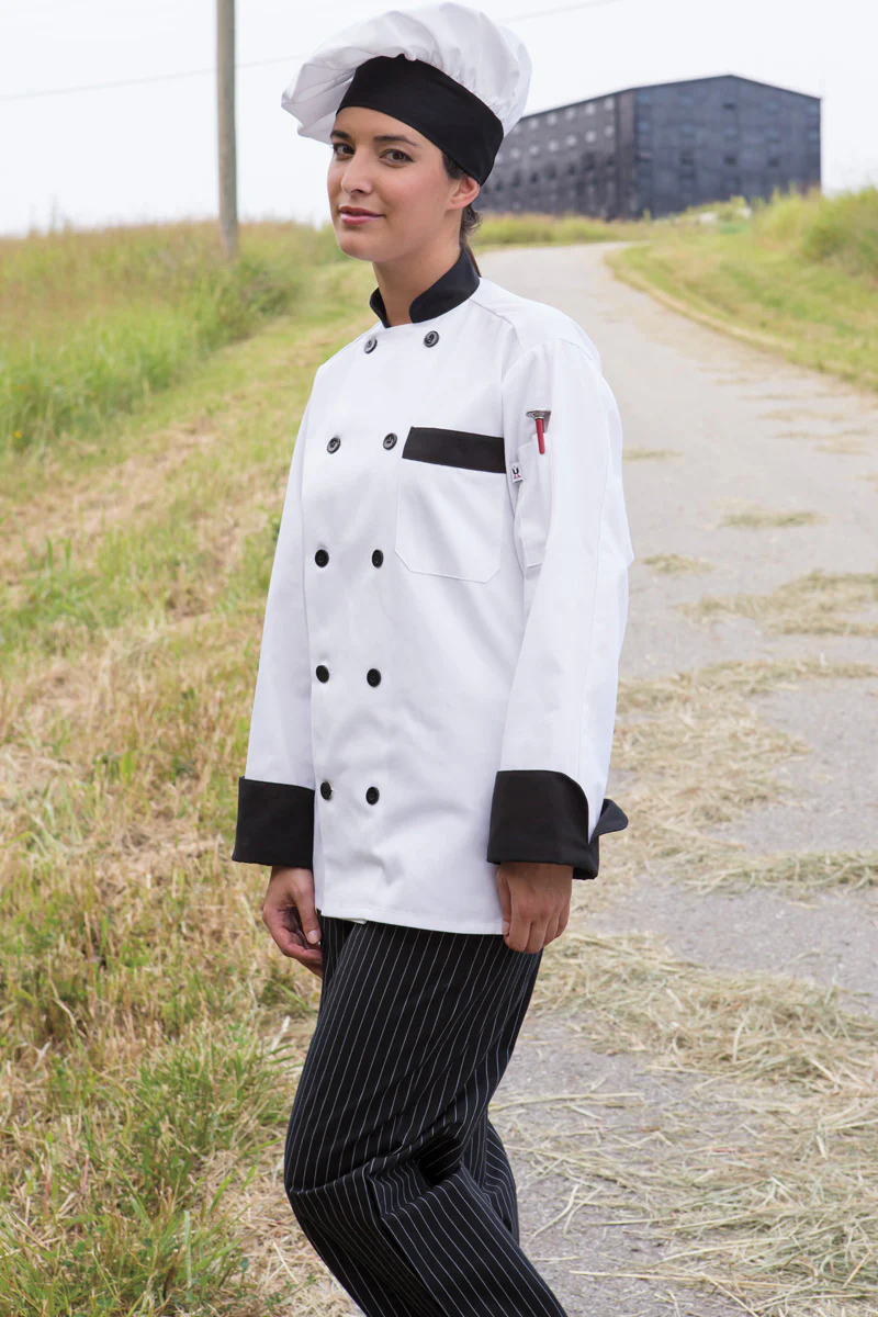 Uncommon Threads 0404-4504 Unisex Newport Long Sleeve Double-Breasted Chef Coat with Black Buttons - White with Black Trim / Large