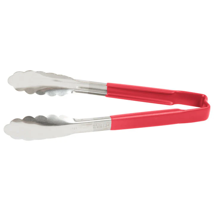 Vollrath 4780940 Jacob's Pride 1-Piece Stainless Steel Scalloped Utility Tongs with Color-Coded Kool-Touch Handle 9-1/2" - Red - Image 2
