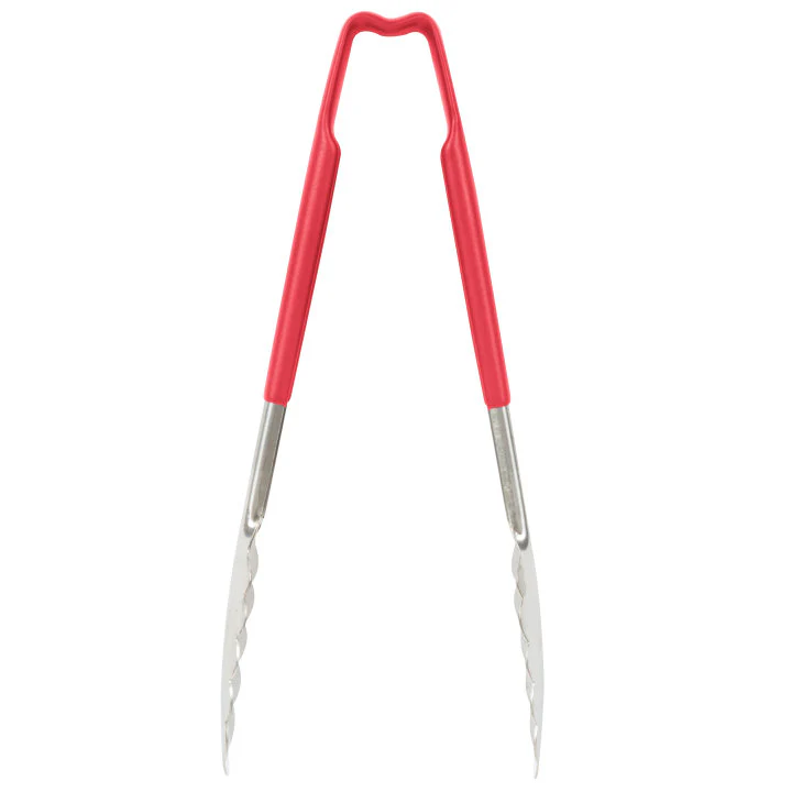 Vollrath 4780940 Jacob's Pride 1-Piece Stainless Steel Scalloped Utility Tongs with Color-Coded Kool-Touch Handle 9-1/2" - Red - Image 3